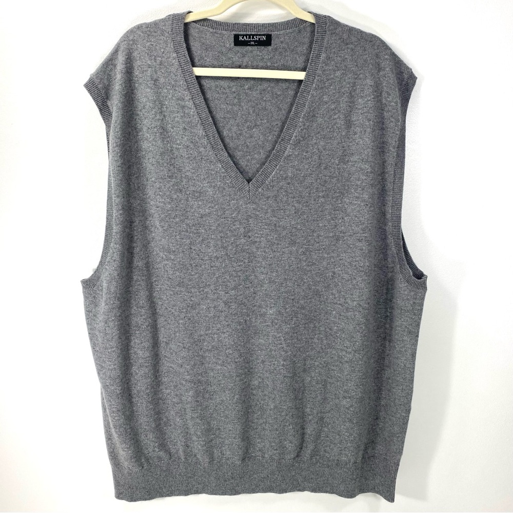Kallspin Gray Cashmere Wool V-Neck Pullover Classic Preppy Soft Sweater Vest 3XL